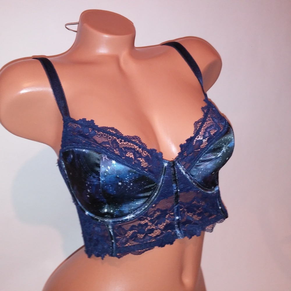 Adore Me Bra 34DDD Black Blue Galaxy Lightly Lined Lace Trim Long Line Underwire